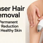 Woman using a laser device for smooth, healthy skin on her leg