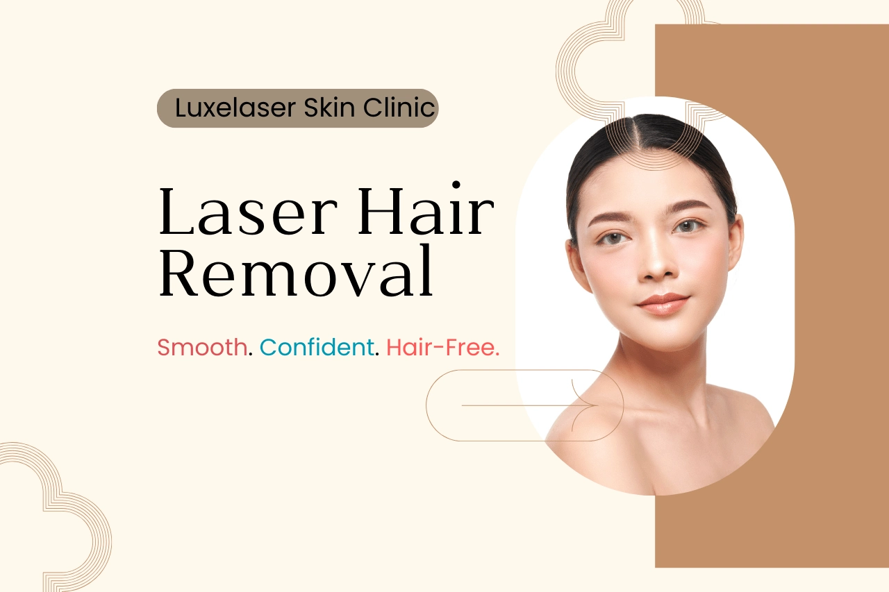 Woman with smooth skin promoting Luxelaser Skin Clinic laser hair removal service.