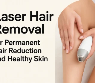 Woman using a laser device for smooth, healthy skin on her leg