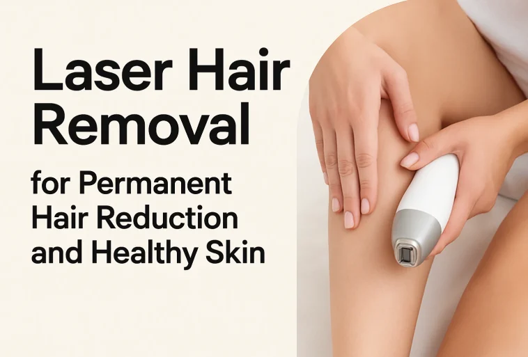 Woman using a laser device for smooth, healthy skin on her leg