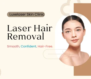 Woman with smooth skin promoting Luxelaser Skin Clinic laser hair removal service.