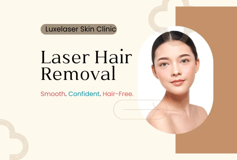 Woman with smooth skin promoting Luxelaser Skin Clinic laser hair removal service.