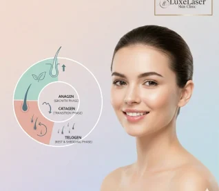 Infographic of hair growth cycle with a smiling woman and Luxelaser Skin Clinic branding.