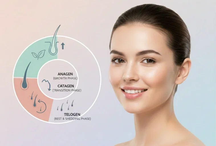 Infographic of hair growth cycle with a smiling woman and Luxelaser Skin Clinic branding.